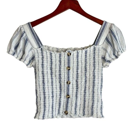 Mudd Womens Striped Button Front Smocked Puff Sleeve Top White Blue Size Small - Picture 8 of 14